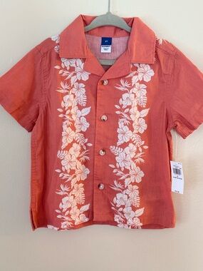 Old Navy Coral Button-Down Hawaiian Shirt with White Floral Print 2T NWT
